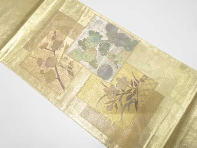 色紙に牡丹・枝梅模様織り出し袋帯